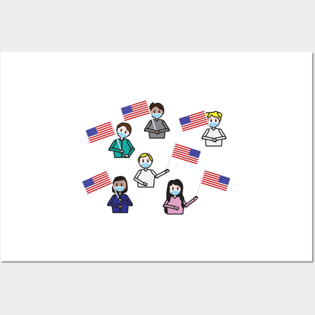 Kids with face masks holding the USA flag Wall Art by sigdesign